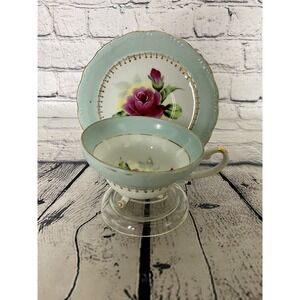 Vintage Hand Painted Rose Motif Japan Blue Porcelain Teacup Gold Accents